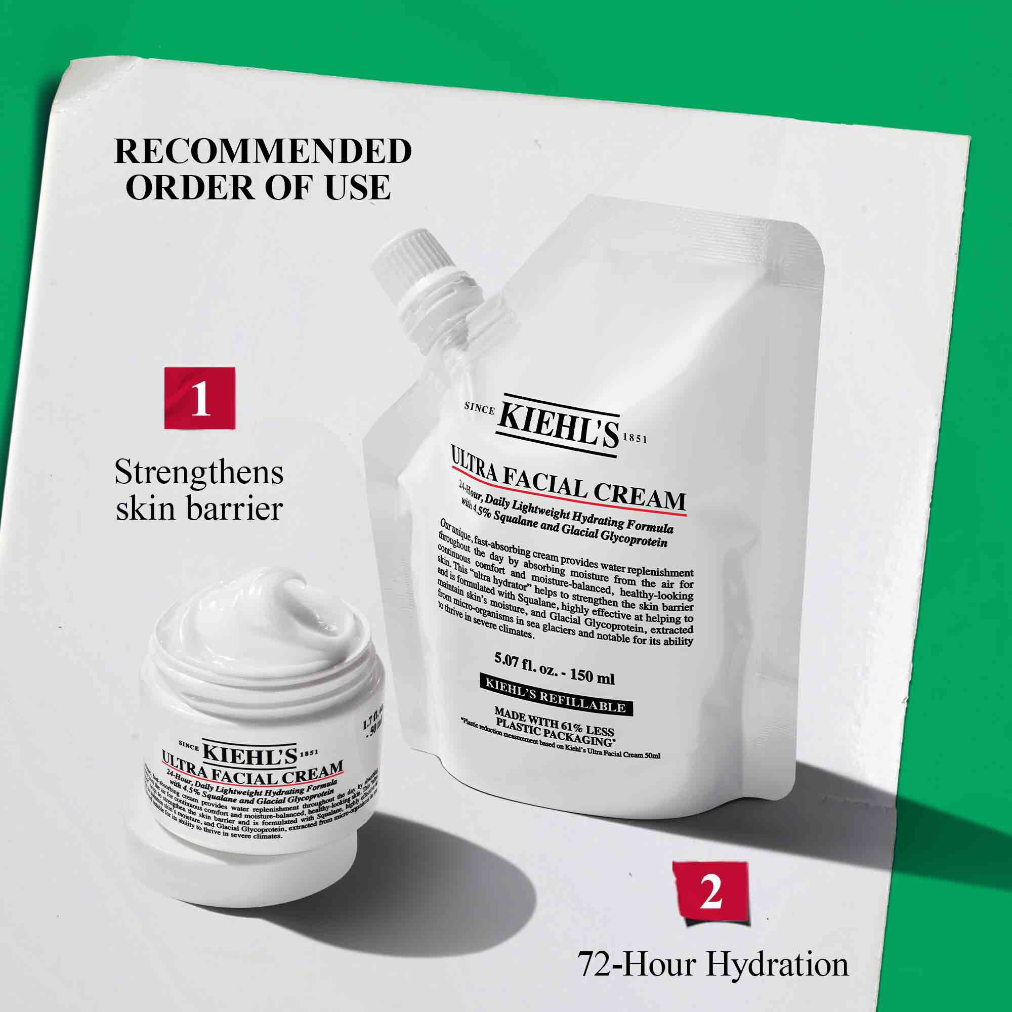 Kiehl's Ultra Facial Cream jar and refill pouch, recommended for strengthening skin barrier and providing 72-hour hydration.​