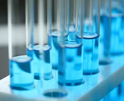 Close-up of test tubes filled with bright blue liquid, arranged in a rack with a soft focus on the background.