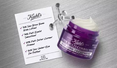 A jar of Kiehl's Super Multi-Corrective Eye Zone Treatment beside a product information card highlighting user satisfaction percentages for brow lift, eyelid smoothing, corner firmness, and under-eye de-puffing.