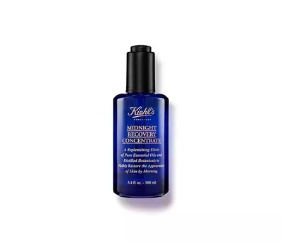 Concentrat revitalizant Kiehl's Midnight Recovery, 100 ml, cu uleiuri esențiale pentru o piele strălucitoare dimineața.