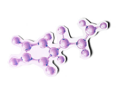 A stylized illustration of a molecular structure with purple spheres representing atoms connected by bonds.