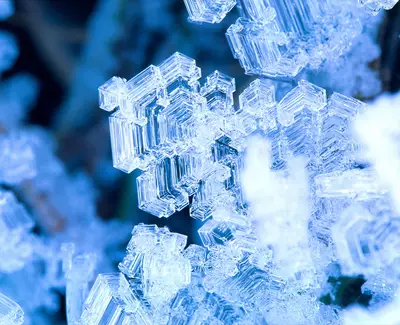 Close-up image of intricate ice crystals, showcasing a variety of geometric shapes and reflecting light in shades of blue.