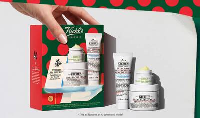 Un set cadou de sărbători Kiehl's cu Ultra Facial Cream, Ultra Body Mega Moisture Squalane Cream și Creamy Eye Treatment with Avocado.