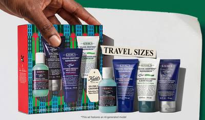 setul cadou Kiehl's pentru bărbați de sărbători, cu produse in format de călătorie, cu gel de curățare de față, cremă de ras, scrub și cremă hidratantă; elementele promoționale evidențiază "Mărimile de călătorie"