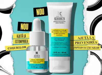 A graphic featuring Kiehl's acne treatment products, including an invisible liquid pimple patch and a lotion, both labeled for acne treatment with a focus on hydration and prevention.