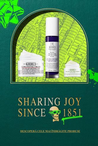 A dark green textured background features the gold text 'Kiehl's SHARING JOY SINCE 1851' with a green skull drawing. Three Kiehl's products are displayed: Calendula Herbal-Extract Toner, Rare Earth Pure Minimizing Clay Mask, and Ultra Facial Cream.