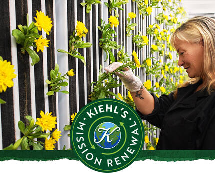 O femeie ingrijind flori galbene intr-un spațiu verde, cu un logo Kiehl's in colțul imaginii.