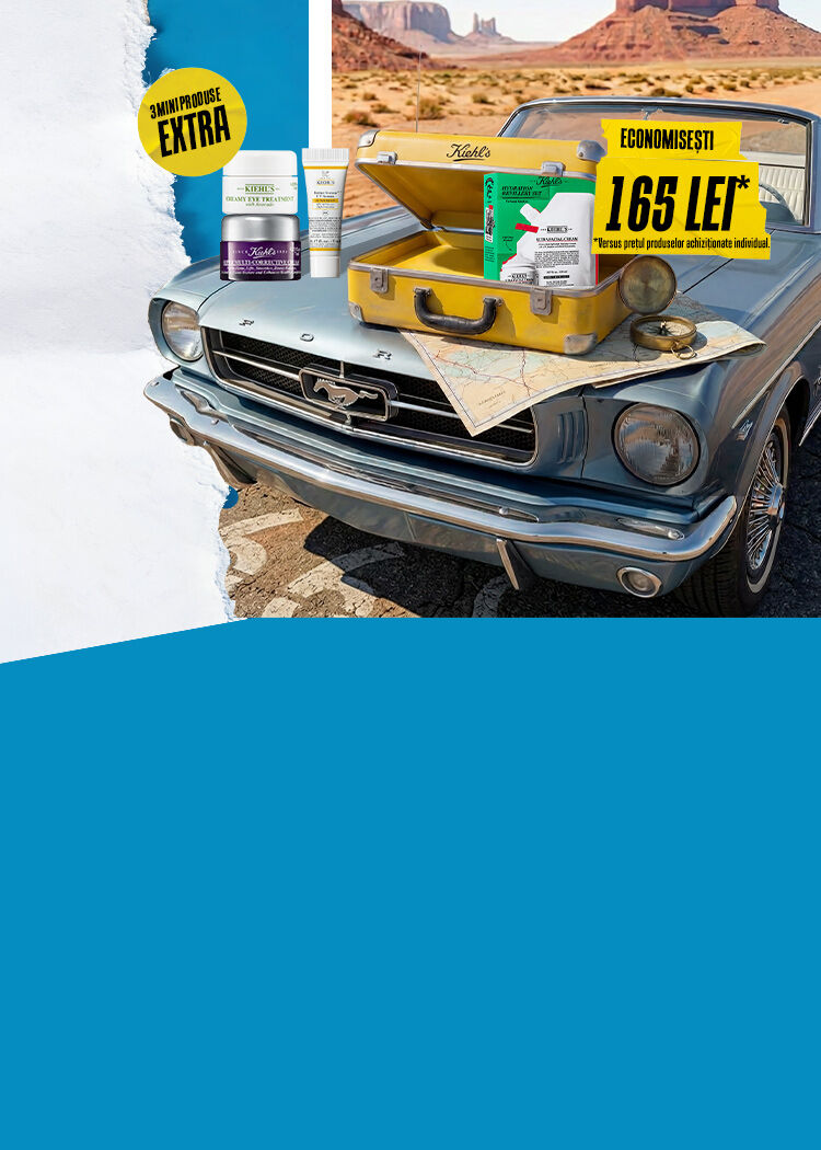 Un banner cu o mașină vintage, pe care se află poziționată o hartă și o valiză deschisă, din care se vede un set Virtual Bundle, iar in stanga sa se află 3 mini produse. Pe banner sunt 2 stickere, unul care indică o reducere de 165 de lei comparată cu prețul separat al produselor care se află in Virtual Bundle, iar celalalt sticker indică spre cele 3 mini produse extra care vin impreuna cu achizițiile unui set.