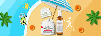 Banner de vara cu mare si nisip, un avocado, o flaore de calendula, 3 produse kiehls si Mr. Bones