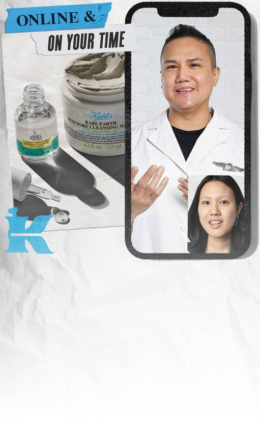 Alt text: O fotografie care prezintă produsele Kiehl's alături de doi profesioniști din domeniul cosmeticelor, evidențiindu-le expertiza și disponibilitatea online.
