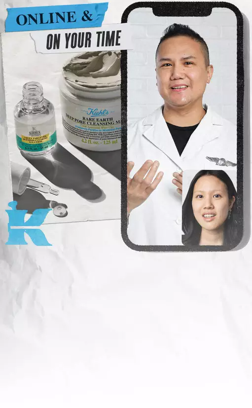 Alt text: O fotografie care prezintă produsele Kiehl's alături de doi profesioniști din domeniul cosmeticelor, evidențiindu-le expertiza și disponibilitatea online.