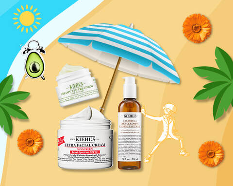 Banner de vara cu mare si nisip, un avocado, o flaore de calendula, 3 produse kiehls si Mr. Bones