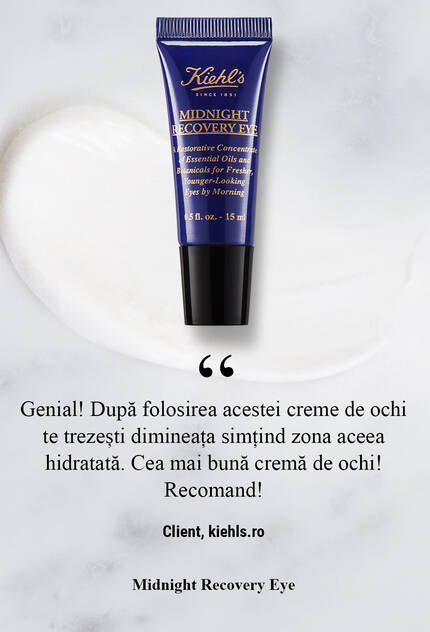 Крем за очи от Kiehl's с текст "Намалява подуването, намалява тъмните кръгове и хидратира около очите." на фона на мраморна повърхност.