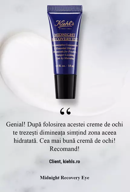 Крем за очи от Kiehl's с текст "Намалява подуването, намалява тъмните кръгове и хидратира около очите." на фона на мраморна повърхност.