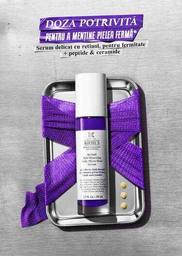 "Imagine cu fundal gri/ argintiu, cu produsul Retinol pe o tava de metal si text: doza potrivita pentru e mentine pielea ferma, serum delicat cu retinol, pentru fermitate + peptide si ceramide +2.4x MAI MULTĂ ELASTICITATE** 94% DINTRE CONSUMATORI SUNT DE ACORD CĂ ESTE SUFICIENT DE DELICAT PENTRU A FI FOLOSIT ZILNIC*** Retinol micro-dozat *Bazat pe evaluarea experților, intr-un studiu clinic după 12 săptămani de utilizare. **Rezultate bazate pe un test instrumental, cu imbunătățiri de 2,4 ori mai mari la săptămana 8 vs. săptămana 4. ***Bazat pe un studiu al percepției consumatorilor după 24 de săptămani."