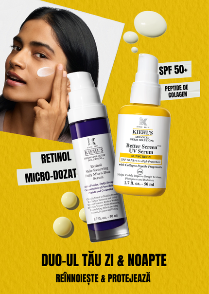 Un banner de culoare galbenă pe care se află o imagine cu ambalajele produselor Better Screen UV Serum și Retinol Skin-Renewing Daily Micro-Dose Serum. Langă ele, se află o imagine cu un model aplicandu-și produsele pe ten. 