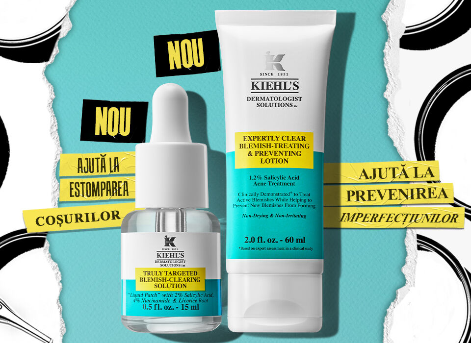 Imaginină care promovează produse de ingrijire a pielii de la Kiehl's, incluzand un ser și o loțiune, cu text informativ pe fundal.