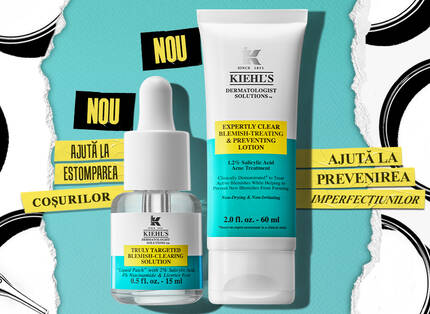 Imaginină care promovează produse de ingrijire a pielii de la Kiehl's, incluzand un ser și o loțiune, cu text informativ pe fundal.
