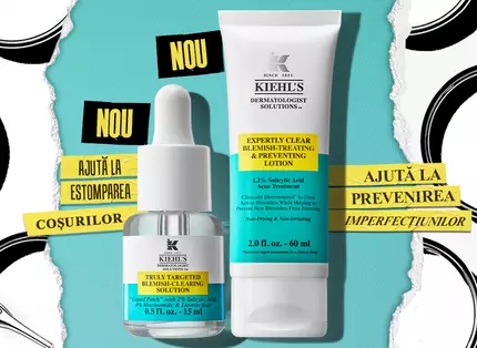 Imaginină care promovează produse de ingrijire a pielii de la Kiehl's, incluzand un ser și o loțiune, cu text informativ pe fundal.