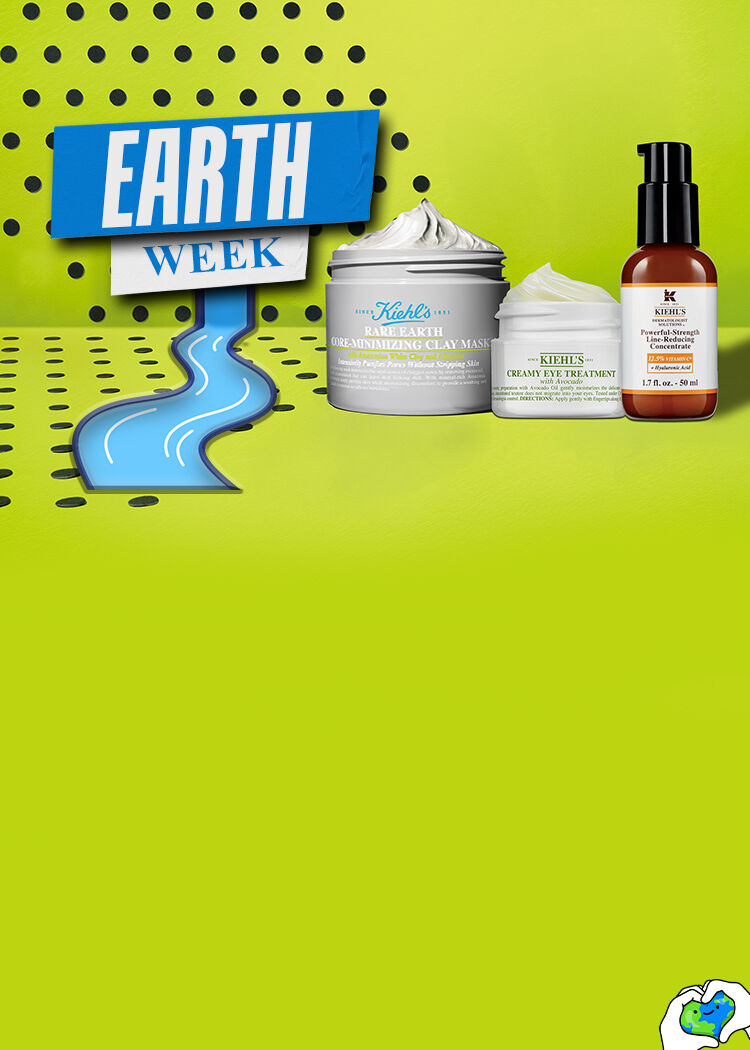 Un banner cu fundal verde. In partea stanga sunt benzi albastru cu alb pe care scrie earth week si un emoticon cu mr bones care tine in mana un glob pamantean si un rau care curge. In partea dreapta sunt produsele Rare Earth Mask, avocado eye si powerful strength line reducong concentrate