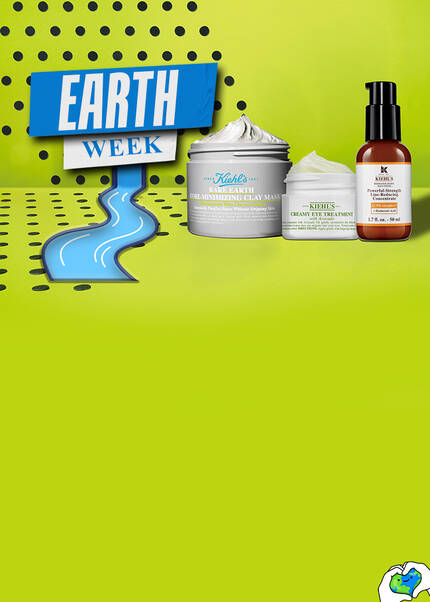 Un banner cu fundal verde. In partea stanga sunt benzi albastru cu alb pe care scrie earth week si un emoticon cu mr bones care tine in mana un glob pamantean si un rau care curge. In partea dreapta sunt produsele Rare Earth Mask, avocado eye si powerful strength line reducong concentrate
