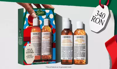Setul cadou de ingrijire a pielii "Hydrating Holiday Hits" pe un fundal verde, cu crema Ultra Fcial  și tratamentul pentru ochi cu avocado in ambalaje festive.