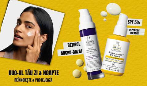 Un banner de culoare galbenă pe care se află o imagine cu ambalajele produselor Better Screen UV Serum și Retinol Skin-Renewing Daily Micro-Dose Serum. Langă ele, se află o imagine cu un model aplicandu-și produsele pe ten.
