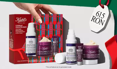 Setul cadou de ingrijire a pielii "Hydrating Holiday Hits" pe un fundal verde, cu cremă facială Ultra și tratament cremos pentru ochi cu avocado in ambalaje festive.