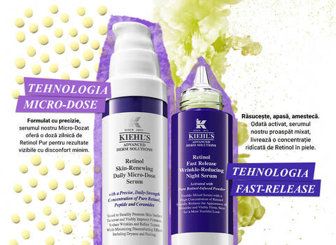 Alt text: Imaginea prezintă două flacoane de ser Kiehl's, evidențiind tehnologiile Micro-Dose și Fast-Release, alături de text informativ despre beneficiile și utilizarea produselor.