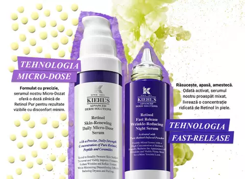 Alt text: Imaginea prezintă două flacoane de ser Kiehl's, evidențiind tehnologiile Micro-Dose și Fast-Release, alături de text informativ despre beneficiile și utilizarea produselor.