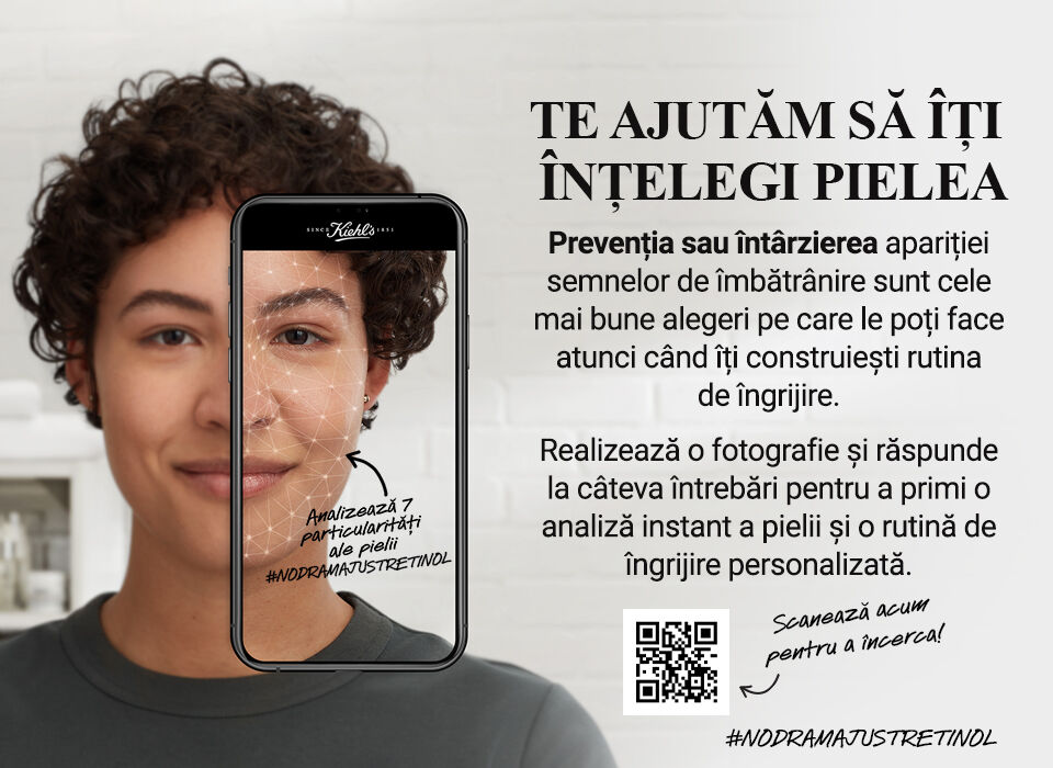 Imagined text in Romanian, showcasing un utilizator care iși analizează pielea printr-o aplicație mobilă, evidențiind importanța ingrijirii pielii și prevenirea semnelor de imbătranire.