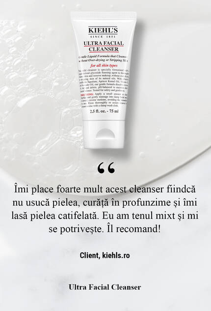Кремообразно почистващо средство Kiehl's от серията Ultra Facial Cleanser с описание на продукта и положителен отзив.