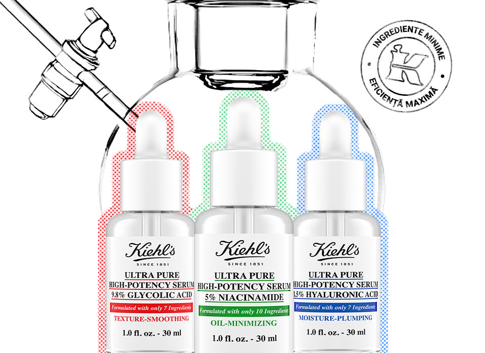 Imaginea prezintă trei flacoane de ser de la Kiehl's, etichetate cu culori diferite: roșu, verde și albastru, fiecare flacon avand un pipet. Flacoanele sunt prezentate pe un fundal alb.