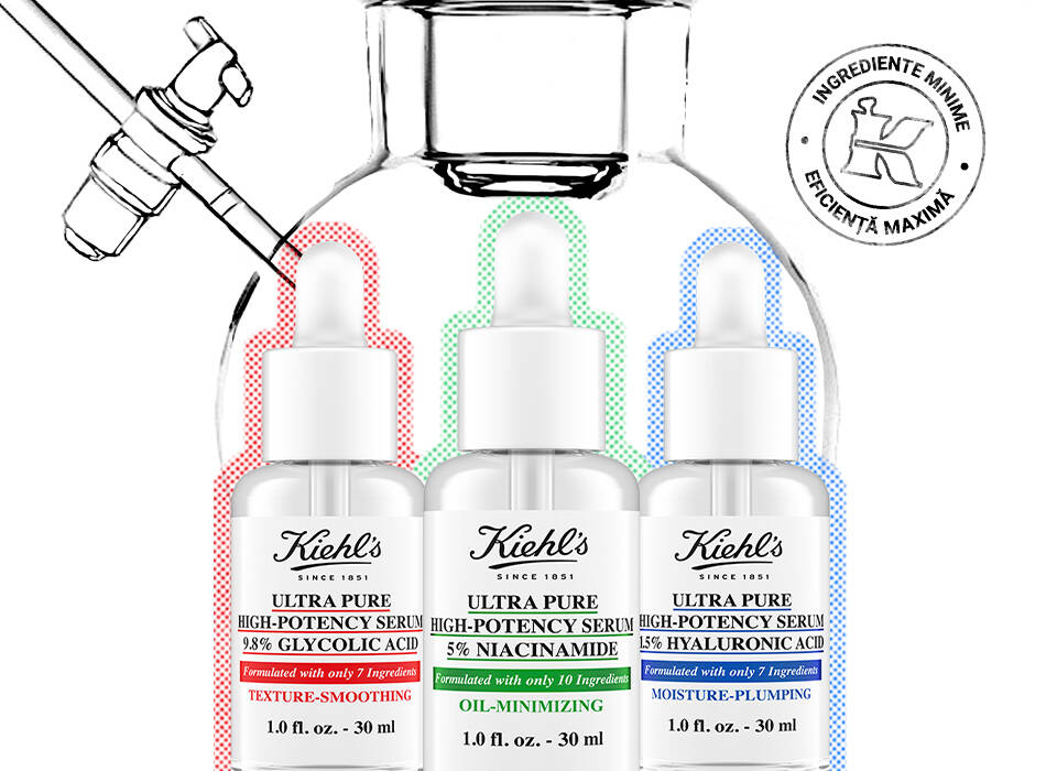 Imaginea prezintă trei flacoane de ser de la Kiehl's, etichetate cu culori diferite: roșu, verde și albastru, fiecare flacon avand un pipet. Flacoanele sunt prezentate pe un fundal alb.