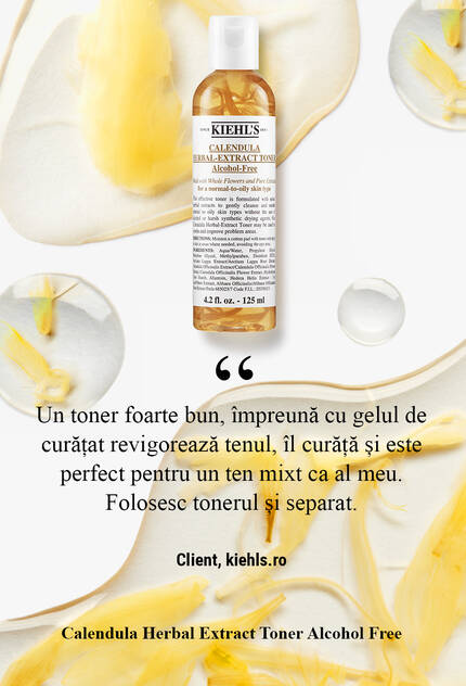 A bottle of Kiehl's Calendula Herbal-Extract Toner surrounded by calendula petals, accompanied by a customer testimonial about the product's refreshing qualities.