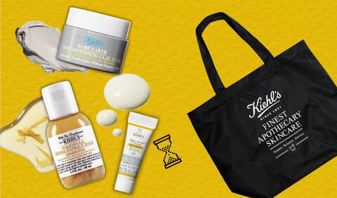 Un banner de culoare galbenă pe care se află o imagine cu tote bag-ul și cele trei mini produse incluse in campanie.