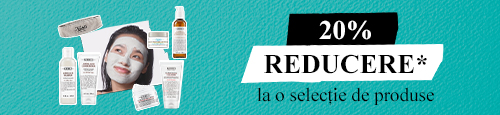 20% reducere la o selectie de produse. Banner verde cu un model ce are o masca de ingrijire pe fata si multe produse in jurul ei. 