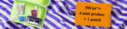 Banner cu o valiza de calatorie si produse Kiehls in ea + 4 produse langa valiza.